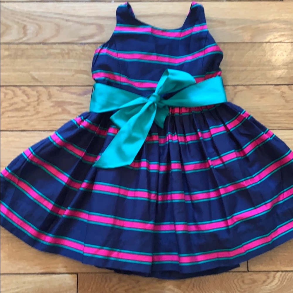 💗💙💚Ralph Lauren navy blue colorful striped dress dress💚💙💗 button back & 🎀 bow